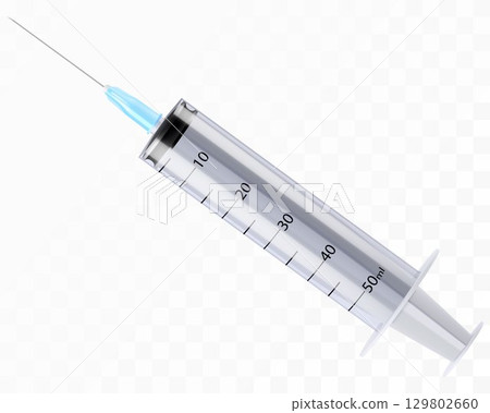 Syringe medical icon isolated on white background, hospital injection equipment. Vaccine sign, pharmacy healthcare treatment, plastic tool with needle. syringe 50 ml. 3D realistic vector illustration 129802660
