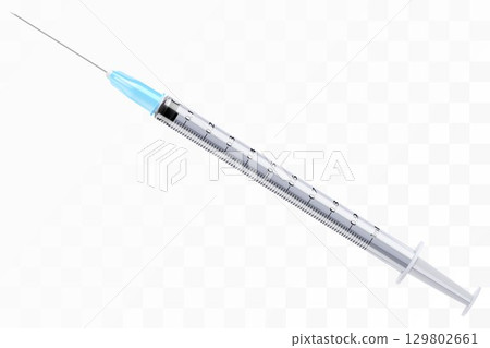 Syringe medical icon isolated on white background, hospital injection equipment. Vaccine sign, pharmacy healthcare treatment, plastic tool with needle. syringe 1 ml. 3D realistic vector illustration 129802661