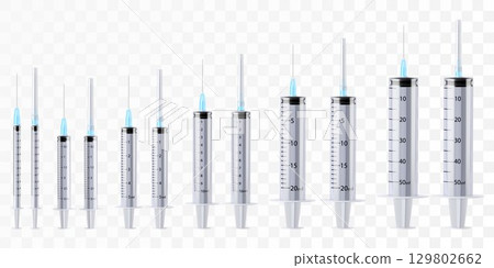 Set of medical syringe different volume, icon isolated on white background, hospital injection equipment.Pharmacy healthcare treatment, plastic tool with needle. 3D realistic vector illustration 129802662