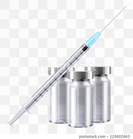 Bottle for injection and Syringe. Coronavirus Vaccine, Botox, Filler, Hyaluronic Acid. Drug Ampoule Design Template. Medical glass vial. Realistic 3d vector illustration on transparent background 129802663