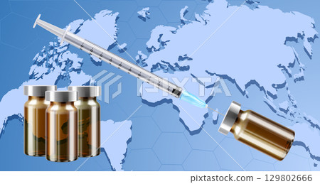 Bottle for injection and Syringe. Coronavirus Vaccine, Botox, Filler, Hyaluronic Acid. Drug Ampoule Design Template. Medical glass vial. Realistic 3d vector illustration on the background of the map 129802666
