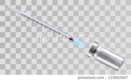 Bottle for injection and Syringe. Coronavirus Vaccine, Botox, Filler, Hyaluronic Acid. Drug Ampoule Design Template. Medical glass vial. Realistic 3d vector illustration on transparent background 129802667
