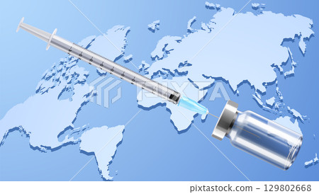 Bottle for injection and Syringe. Coronavirus Vaccine, Botox, Filler, Hyaluronic Acid. Drug Ampoule Design Template. Medical glass vial. Realistic 3d vector illustration on the background of the map 129802668