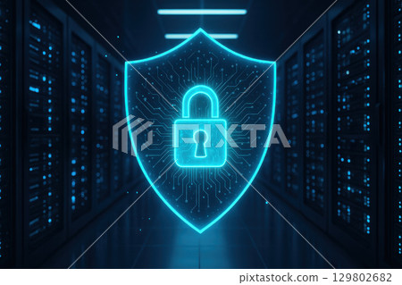 Cyber security shield glowing digital lock over futuristic server room with blue light protection concept 129802682