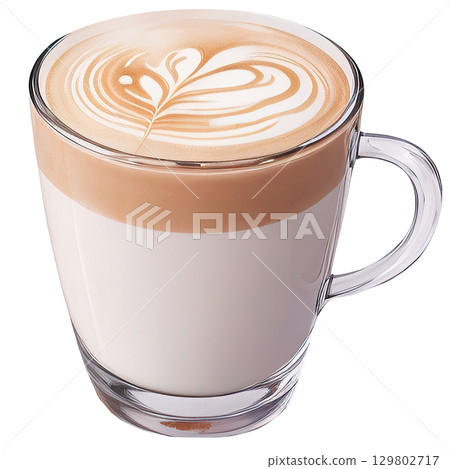Steaming coffee mug with swirling cream painted in warm watercolor tones, isolated on white background. Cozy beverage illustration 129802717