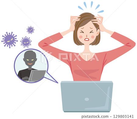 一名女性成為未經授權的電腦存取、詐欺和犯罪的受害者的插圖 129803141