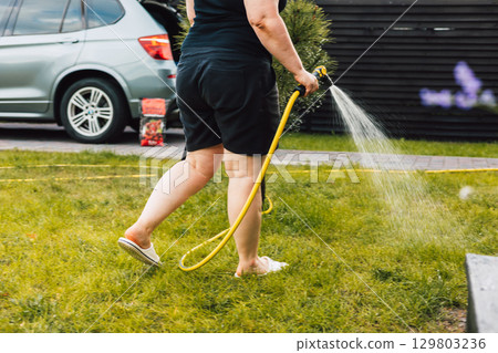 Woman using a yellow hose to water the green lawn on a sunny day in the backyard. A faceless person is watering the grass and flowers. A car is parked in the background. Female gardener with a tool. 129803236