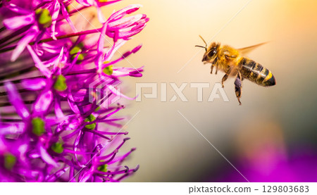 A bee is actively flying towards a beautiful purple flower A bee is actively flying towards a beautiful purple flower 129803683