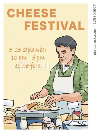 festival or market poster template with seller weighs the cheese 129803697