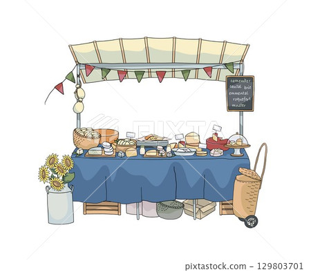 Market stall is filled with fvariety of cheese. Hand drawn outline colour vector illustration 129803701