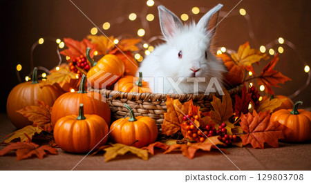 An adorable white rabbit in a basket with pumpkins and autumn leaves, a festive fall pet concept 129803708