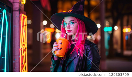 A stylish young woman in a witch hat drinks from a pumpkin cup, celebrating Halloween in a city at night 129803709