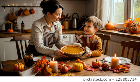 A happy mother and son celebrate autumn, holding a freshly baked pumpkin pie in their cozy kitchen 129803714