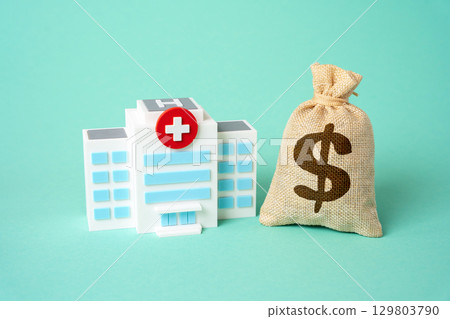 Hospital building and dollar money bag. Healthcare budget. Investments in medicine. Hospital building and dollar money bag. Healthcare budget. Investments in medicine. 129803790