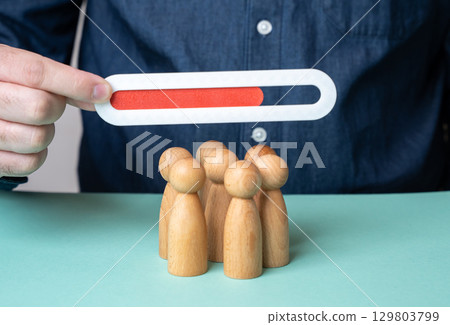 Progress bar over a crowd of people. Team efficiency indicator. Team member occupancy. Progress bar over a crowd of people. Team efficiency indicator. Team member occupancy. 129803799