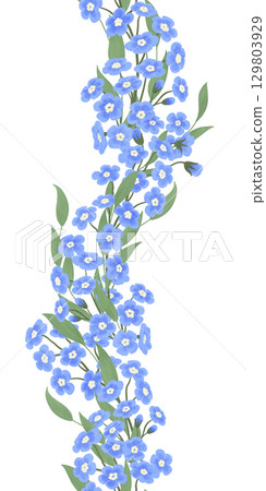 Blue forget-me-nots, floral vertical seamless border, hand-drawn watercolor digital illustration in flat naive style, isolated. Element for designing 129803929