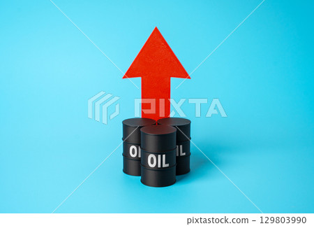 Rising oil prices. Oil barrels and an arrow pointing up. Rising demand Rising oil prices. Oil barrels and an arrow pointing up. Rising demand 129803990