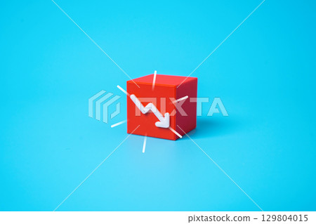 Red arrow down. Losses and income decline. Decrease in the indicator. Red arrow down. Losses and income decline. Decrease in the indicator. 129804015