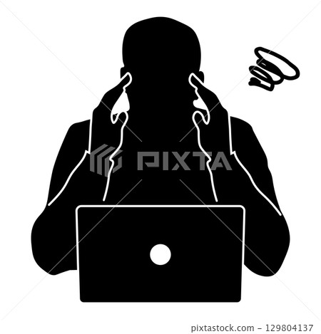 Silhouette of a man holding his head in front of a laptop Silhouette of a man holding his head in front of a laptop 129804137