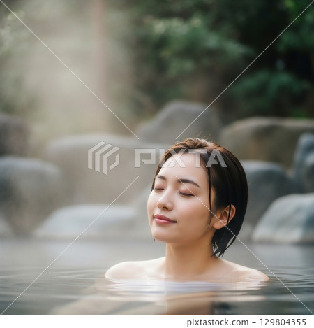 A young woman taking a leisurely open-air bath 129804355