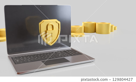 The Gold shield and Laptop for Security concept 3d Rendering. 129804427