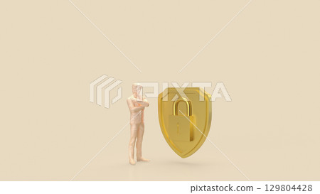 The Gold shield and Business man for Security concept 3d Rendering. The Gold shield and Business man for Security concept 3d Rendering. 129804428