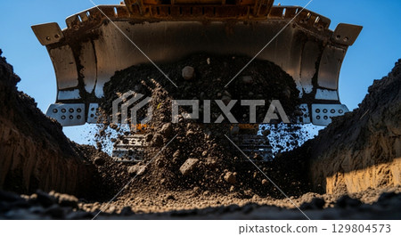Heavy machinery drives forward, sending a torrent of wet earth sliding downwards. The gritty soil quickly engulfs and obscures the lens, highlighting the power of construction work. 129804573