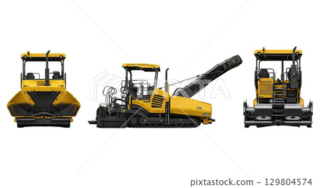 This large asphalt paver is shown from three angles, highlighting its front hopper and rear screed. The machine is tracked and designed for efficient asphalt laying in construction projects. 129804574
