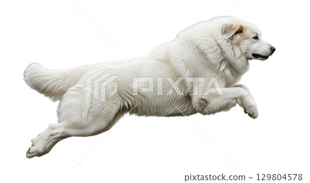 This majestic Great Pyrenees captures attention as it leaps midair, showcasing its strong build and fluffy white coat. The isolated background highlights its movement and agility. 129804578