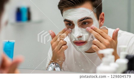 In a well-lit bathroom, a man carefully applies a facial mask, his fingers gliding over the smooth surface as he focuses on his grooming routine. Morning light enhances the reflective atmosphere. 129804579