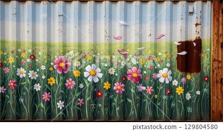 Vibrant painted flowers sway on a container, with a few petals detaching and drifting away. The scenery combines nature with an industrial backdrop, creating an intriguing visual experience. 129804580