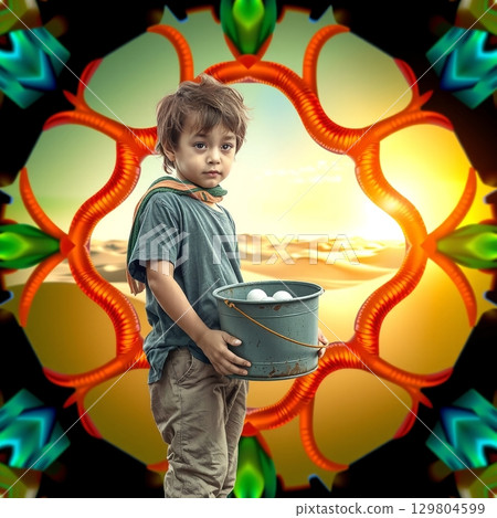 Child in surreal desert scene. 129804599