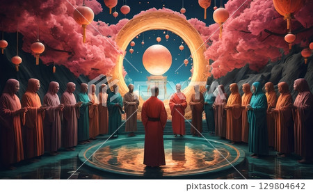 Monks in a mystical gathering. 129804642