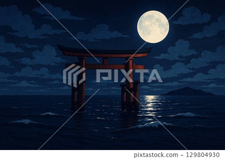 Torii Gate in the Sea under the Full Moon 129804930