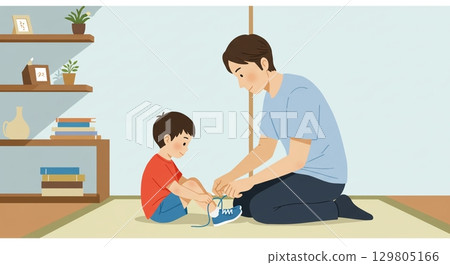 Full of love! A kind father tying his child's shoelaces Full of love! A kind father tying his child's shoelaces 129805166