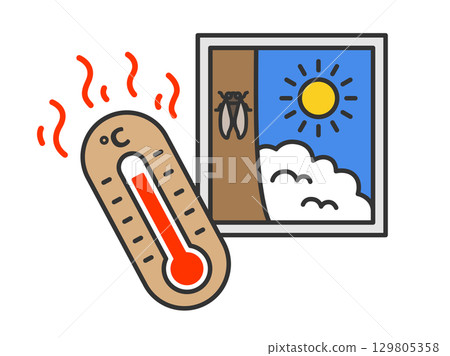 極熱的一天 | 盛夏的陽光和顯示高溫的溫度計的插圖（夏季，中暑警告） 129805358