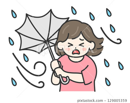 颱風天,一位身著休閒服、撐著反傘的女士的插圖 | 強風、大雨、颱風天 颱風天,一位身著休閒服、撐著反傘的女士的插圖 | 強風、大雨、颱風天 129805359