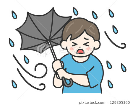 Illustration of a man in casual clothes with an umbrella turned inside out on a typhoon day | Strong winds, heavy rain, typhoon day Illustration of a man in casual clothes with an umbrella turned inside out on a typhoon day | Strong winds, heavy rain, typhoon day 129805360