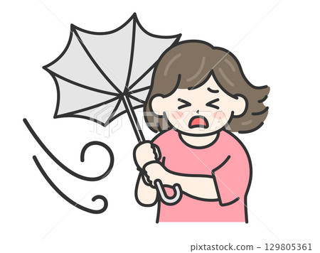 圖：一位身著休閒服的女士的雨傘被強風吹翻 | 強風、暴雨、颱風天 129805361