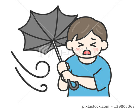 圖：一名身穿休閒服的男子，他的雨傘被強風吹翻 | 強風、暴雨、颱風天 129805362