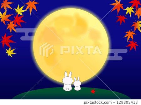 Illustration of the full moon and autumn leaves Illustration of the full moon and autumn leaves 129805418