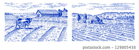 Rustic meadow hand drawn village landscape with a cow illustration with fields. Beautiful scentic 129805438
