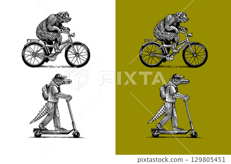 Bear on bicycle and crocodile on scooter. Animal characters on vehicle. Modern concept in vintage 129805451
