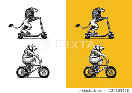 Lion on a scooter and hippo on bicycle. Animal characters on vehicle. Modern concept in vintage look 129805458