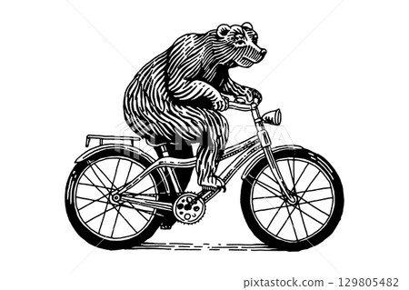 Grizzly bear on a bicycle. Animal character on vehicle. Modern concept in vintage look. Hand drawn 129805482