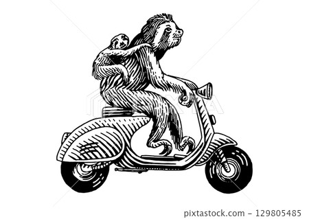 Cute Sloth with a baby on a scooter bike, motorcycle. Animal character on vehicle. Modern concept in 129805485