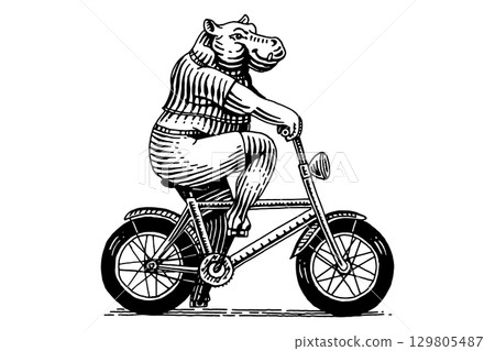Cute hippo on a bicycle, biker. Animal character on vehicle. Modern concept in vintage look. Hand Cute hippo on a bicycle, biker. Animal character on vehicle. Modern concept in vintage look. Hand 129805487