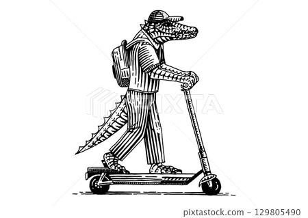 Crocodile or alligator on a scooter. Animal character on vehicle. Modern concept in vintage look 129805490