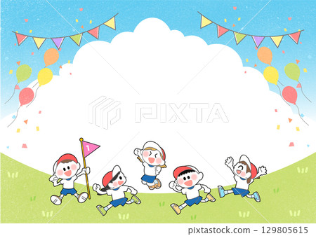 Illustration of five children running happily together with a blue sky background (horizontal, banner, poster) Illustration of five children running happily together with a blue sky background (horizontal, banner, poster) 129805615