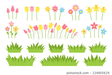 Spring blooming separate flowers and green grass set front view. Tulip daffodil daisy chamomile, buds with stems, flat minimal cartoon colorful illustration. Soft palette, decorative plant mix 129805629
